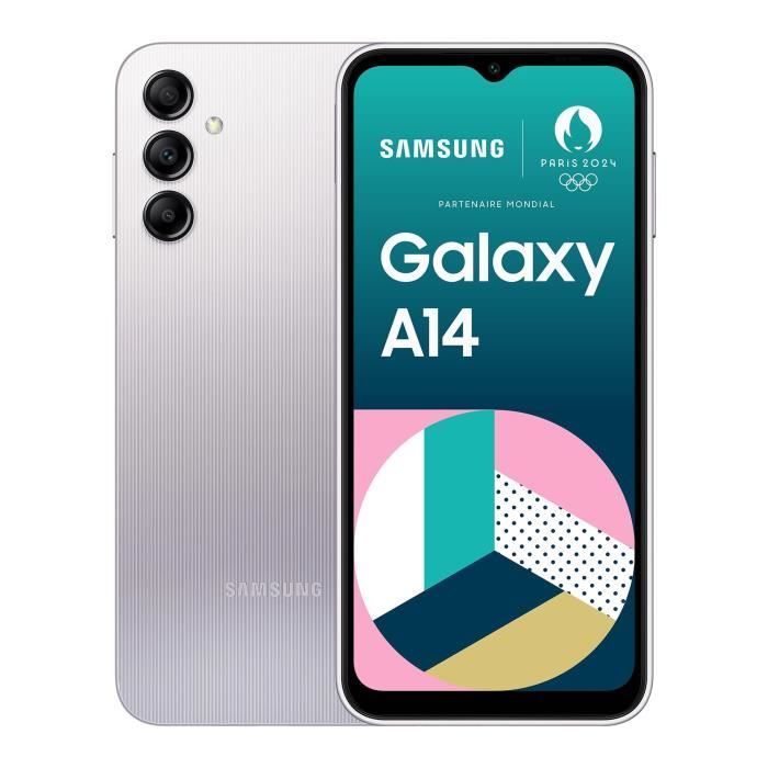 Smartphone Samsung Galaxy A14 4G de 64 GB, color plata.