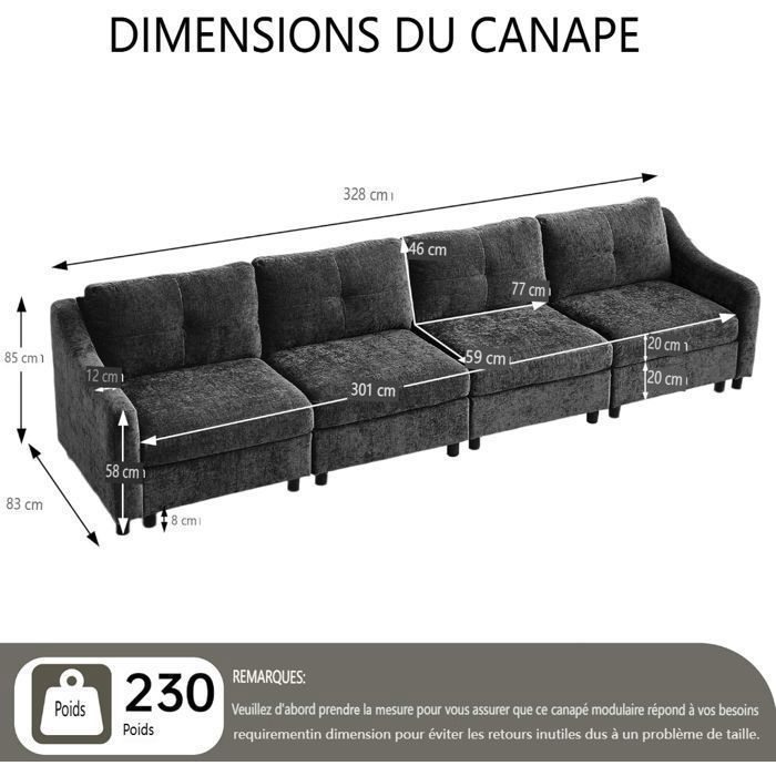 JIEXI Modular 4-Seater Sofa, Corduroy Upholstery, 251 cm (Grey)