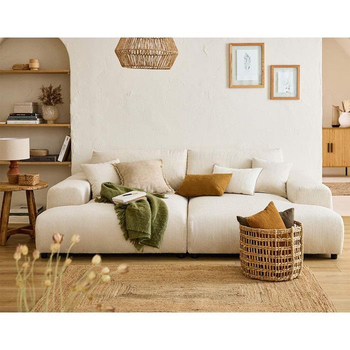 Garance - canapé droit 4 places double méridienne - assise profonde - en velours côtelé - Beige