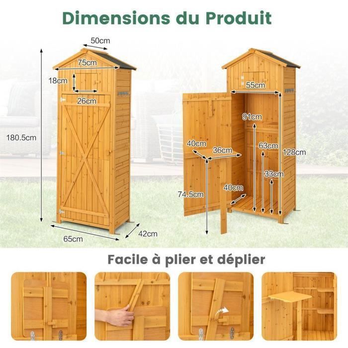 Abri de Jardin en Bois de Sapin 180,5 cm COSTWAY-3 Etagères Amovibles-Table Pliable-Toit en Asphalte Imperméable-8 Crochets-Naturel