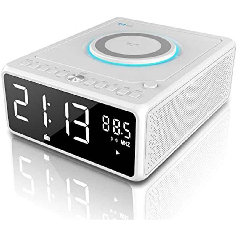 G Keni CD-speler Boombox, wekkerradio, Bluetooth-luidspreker, Qi draadloze oplader, FM-radio, MP3/USB-muziekspeler, dubbel alarm, snooze-functie, dimbaar LED-spiegeldisplay voor thuis: elektronica