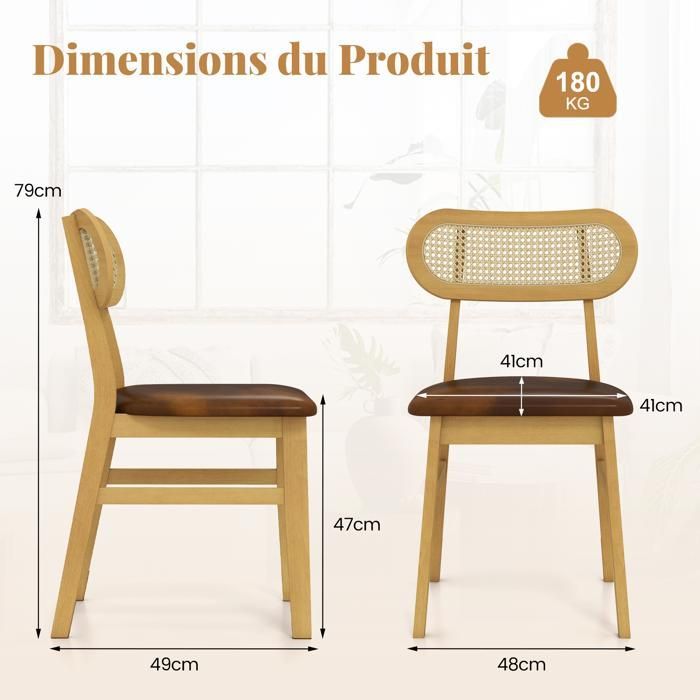 COSTWAY Lot 2 Chaises de Salle à Manger 49x48x79cm - Siège Rembourré et Housse en Similicuir Dossier en Rotin Cannage Elégant Brun