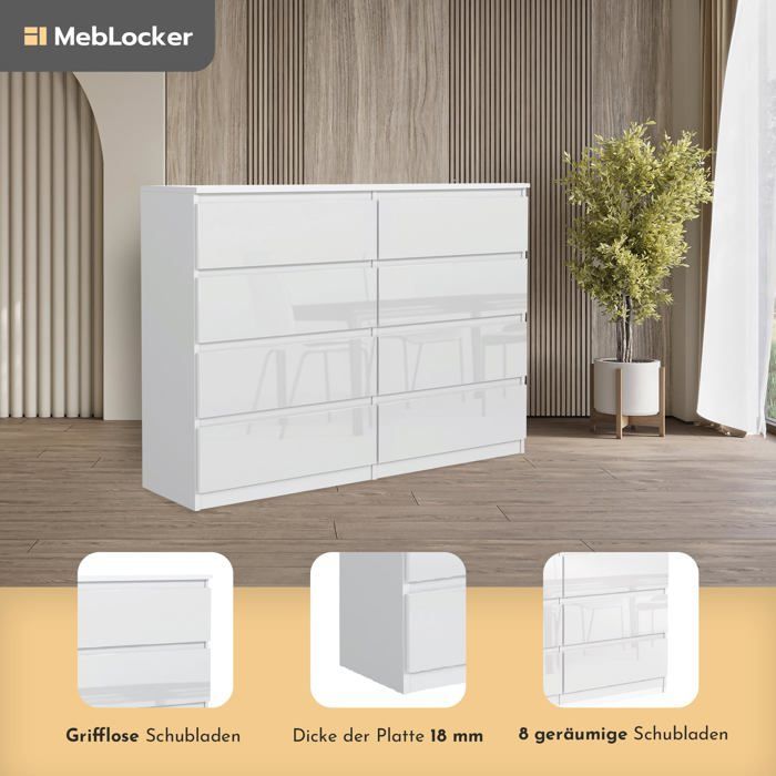 8-Drawer Chest of Drawers - Meblocker - White & Glossy 120 cm - Spacious Storage Unit - Living Room, Office, Bedroom & Children's Room
