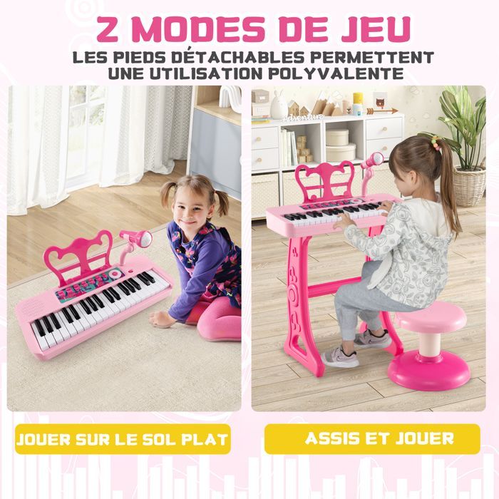 Piano infantil – DREAMADE – Teclado de 37 teclas para niños – Micrófono – Taburete cómodo – Atril extraíble – Rosa