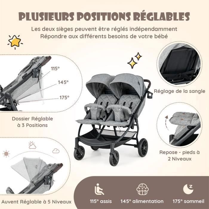 Poussette Double 0-3 Ans Pliage à un Bouton COSTWAY Côte à Côte-Dossier Réglable-Auvent à 5 Niveaux-Roues Freinées-Charge 15KG-Gris