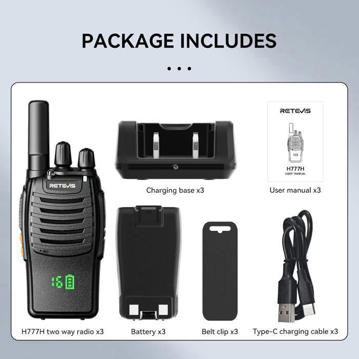 Retevis H777H Professional Walkie Talkie, with Display, Type C Charging and USB Charger, Long Range PMR446, VOX, Alarm (3 Pcs)