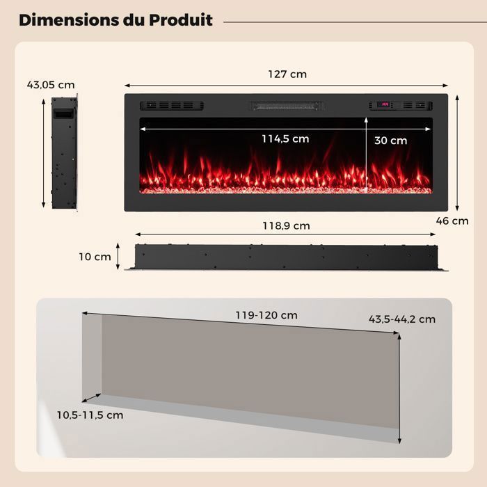 Chimenea eléctrica COSTWAY de 750 W/1500 W - De pared/empotrada - Control por voz/aplicación/mando a distancia - Iluminación LED ambiental - Piedra de cristal - Temporizador de 12 horas