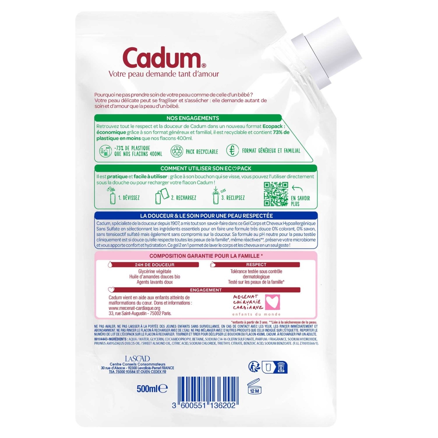 Cadum Ecopack Gel Corps et Cheveux Hypoallergénique Sans Sulfate