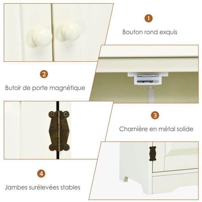 Armario de almacenamiento vintage COSTWAY de MDF con 2 estantes ajustables (5 posiciones) y 2 puertas, dispositivo antivuelco, blanco.