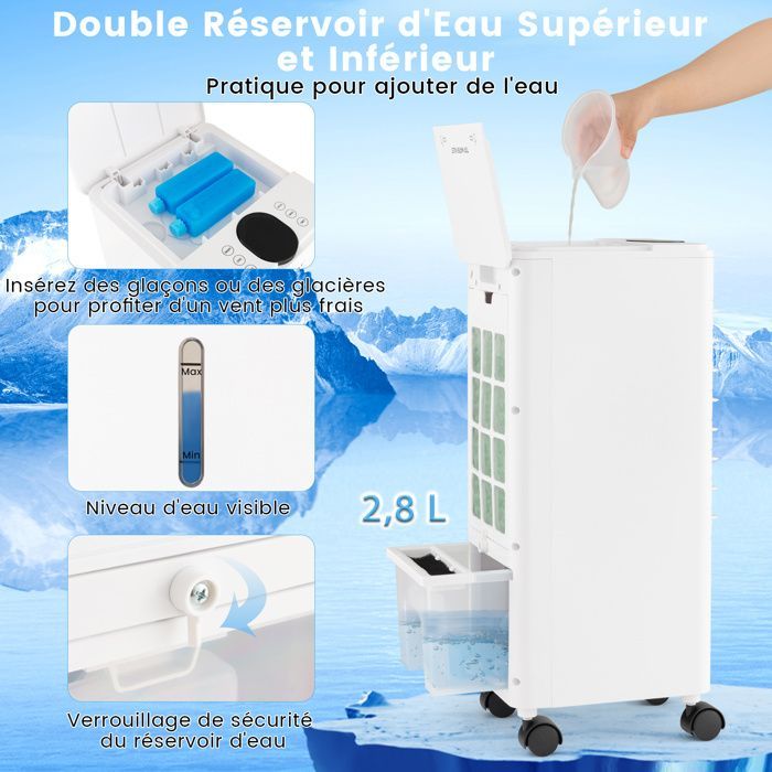 Aire acondicionado portátil COSTWAY 4 en 1 de 60 W - Depósito doble de 2,8 L - Control remoto, pantalla táctil LED - Temporizador de 12 horas - Oscilación de 60° - 3 velocidades de ventilador - Blanco