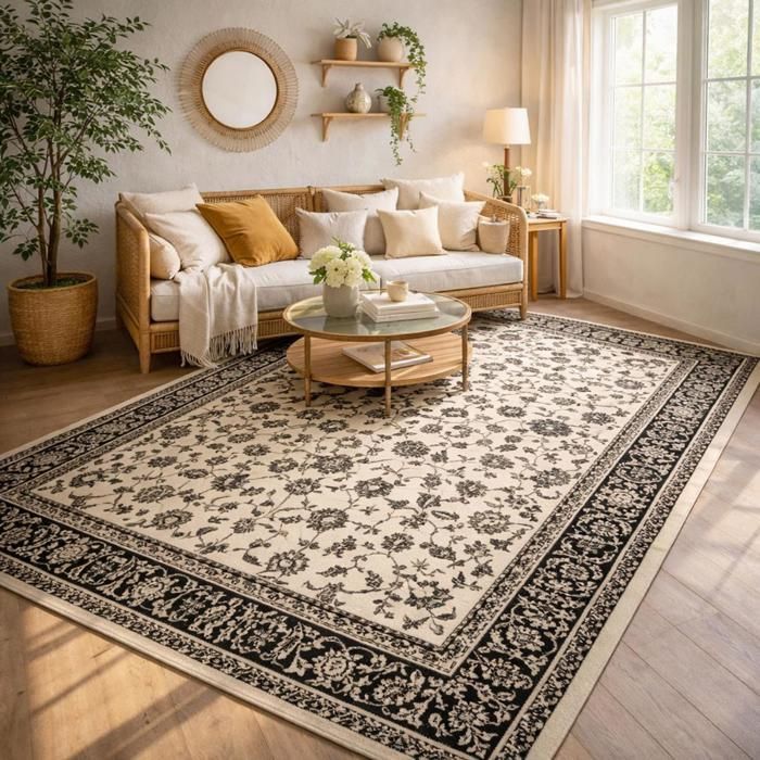 Tapis oriental 140x200 rectangle ivoire tissé motif ancestral LYN1 NOMED