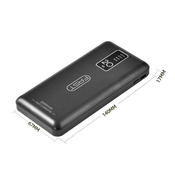 Externe batterij van 20000 mAh - Slankste powerbank - met 4 geïntegreerde kabels - Draagbare batterij en LCD-display, zwart