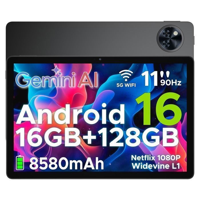 Tablette tactile DOOGEE U11 Android 16 Unisoc T606 Batterie 8580mAh 11 pouce ips 90Hz, 16Go + 128 Go Widevine L1 WiFi6 - Noir
