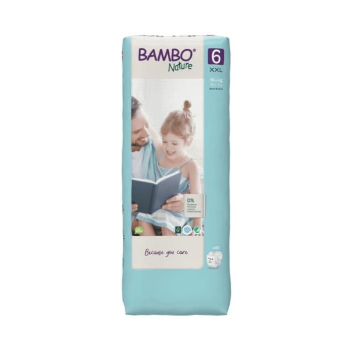 Fraldas Bambo Nature Tamanho 6 para bebês de 16+kg, pacote com 40 unidades.