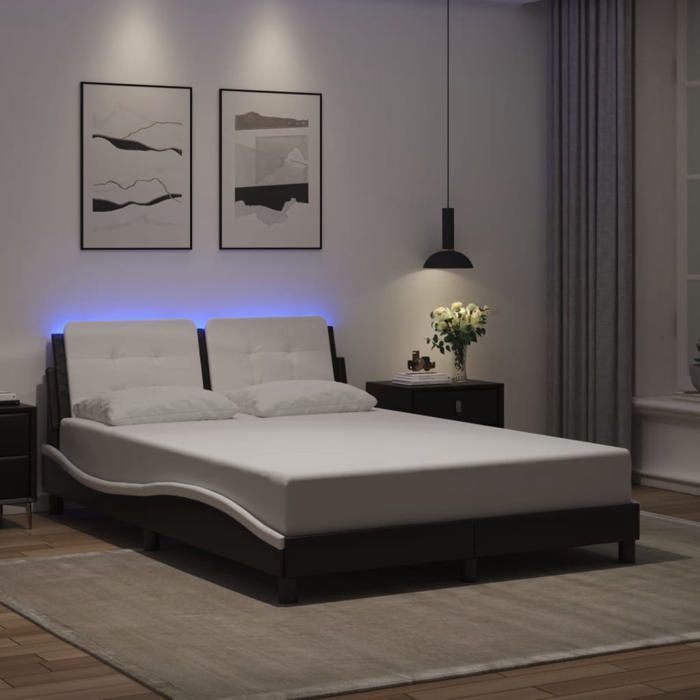 Estructura de cama vidaXL con luces LED, blanco y negro, 140x190 cm, piel sintética, cama, base de láminas, cama de piel sintética, muebles de dormitorio