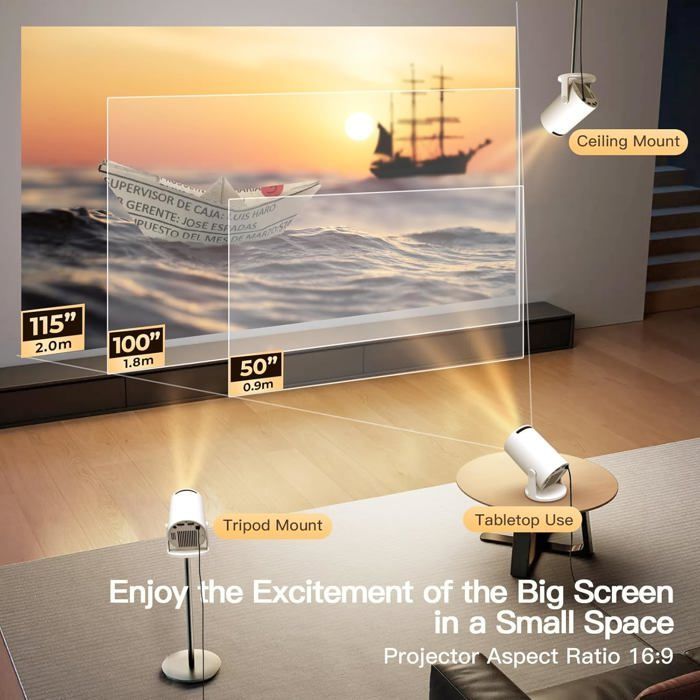 Draagbare videoprojector - ZOKKO - OptiBarrel 500 - Native resolutie 720p - Ondersteunt 1080p/4K - Wi-Fi 6 - Bluetooth 5.4