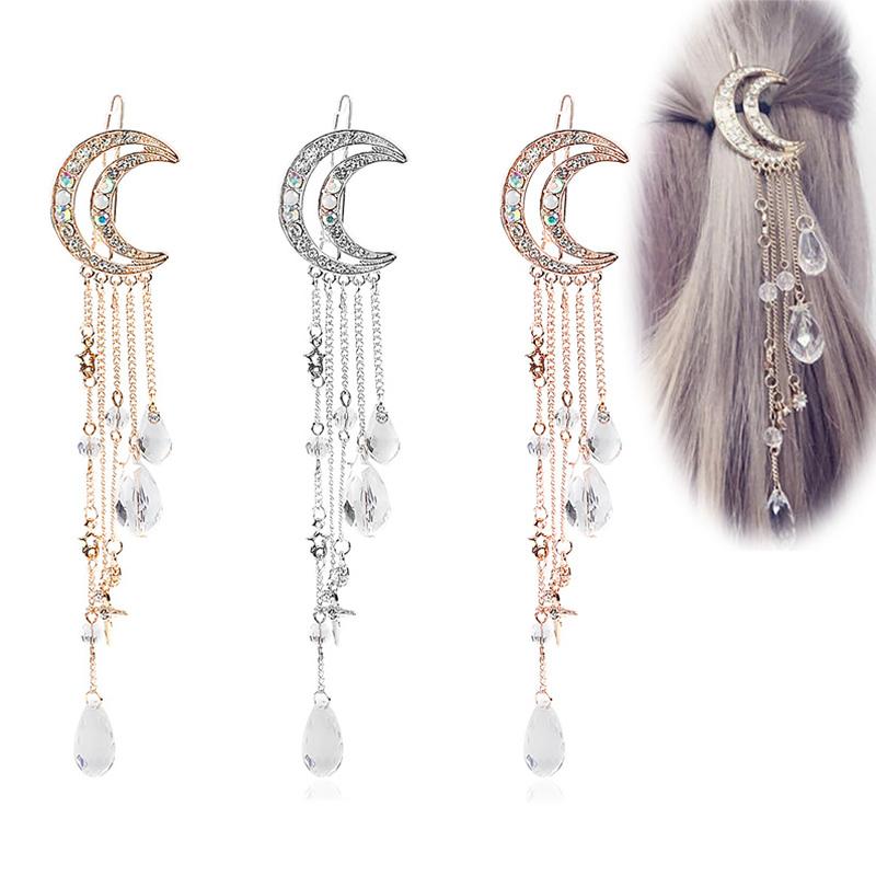 Presilha de cabelo feminina com pingente de lua, strass e cristal, corrente longa, tiara para noivas, joia de cabelo feminina, presilha de cabelo pendente