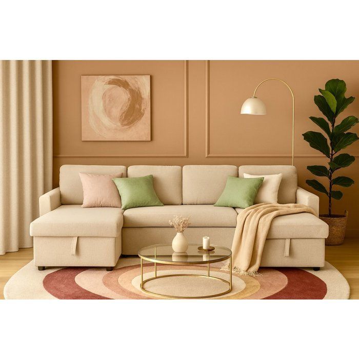Sofá panorámico convertible - 4 plazas - MARCEL - Tela beige - 2 compartimentos de almacenamiento - 265 x 140 x 87 cm