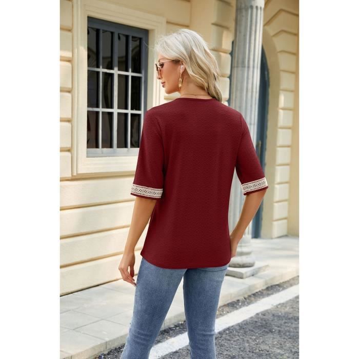T-shirt estiva da donna a maniche corte con scollo a V e inserti in pizzo, colore bordeaux casual - INSFITY - Vestibilità ampia - 65% rayon