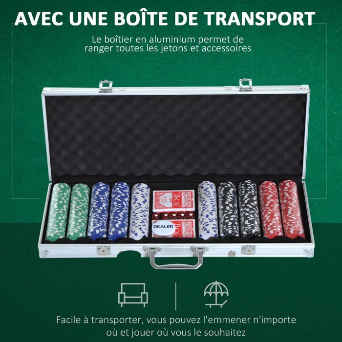 Mallette de poker coffret complet - HOMCOM - 500 jetons 2 jeux de cartes 5 dés bouton dealer 2 clés - aluminium - argent
