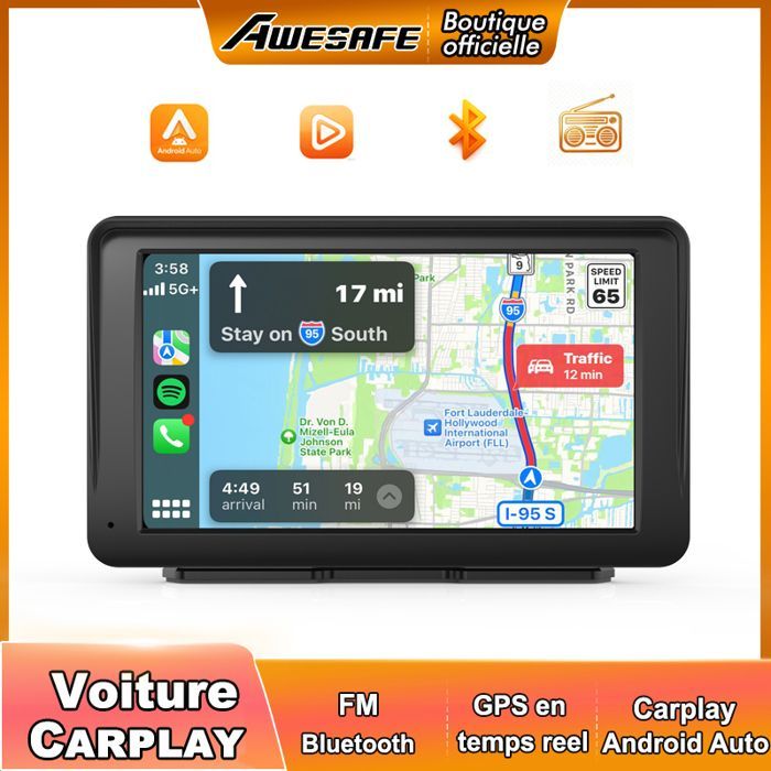 AWESAFE GPS Voiture Carplay sans Fil Android Auto sans Fil Airplay avec 7 pouces HD Écran Tactile PhoneLink Télécommande