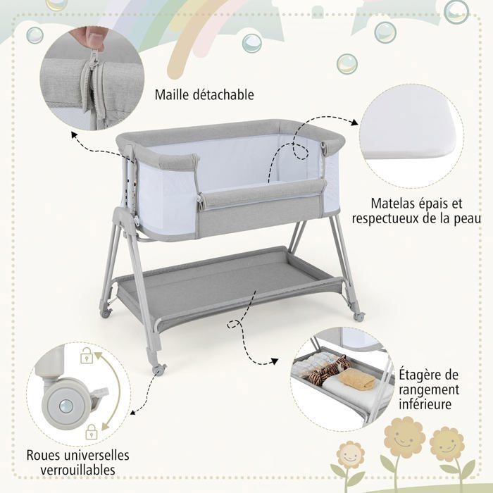 Culla da co-sleeping COSTWAY per neonati con materasso, pieghevole, regolabile in 7 altezze, dotata di 4 ruote bloccabili, cinghie di fissaggio e ripiano.