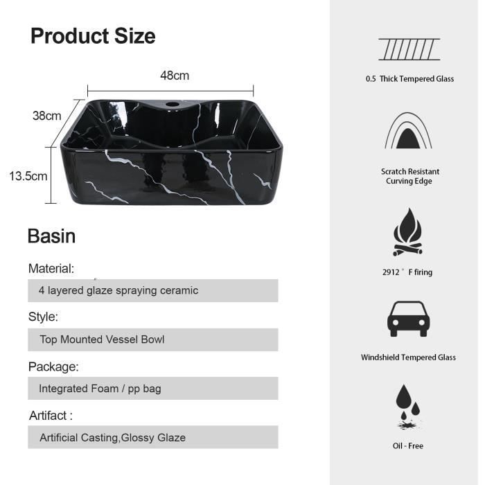 Lavabo cuadrado de encimera PULUOMIS - Negro - Grifo para lavabo y lavamanos - 38x48 cm