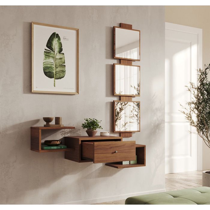 Eingangsbereich-Möbel | 1 Schublade mit Spiegel | Konsolentisch | Ausführung: Ambar-Walnuss | B 99,5 x T 22 x H 145 cm | Modell Neo