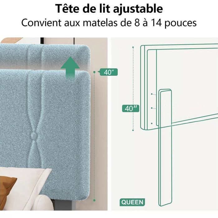 Lit Double Rembourré 140x200cm avec Sommier à Lattes, Cadre de Lits Moderne pour Adultes 2 Personnes,Tête de Lit Réglable en