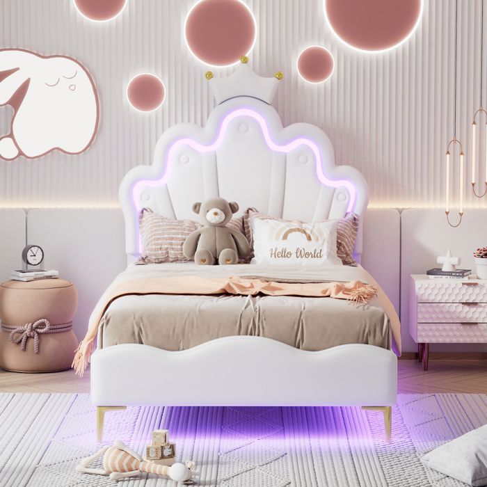 Cama individual, cama infantil tapizada de 90x200cm, estructura con LED y somier de láminas, cama Princess Heiress, blanca, PU