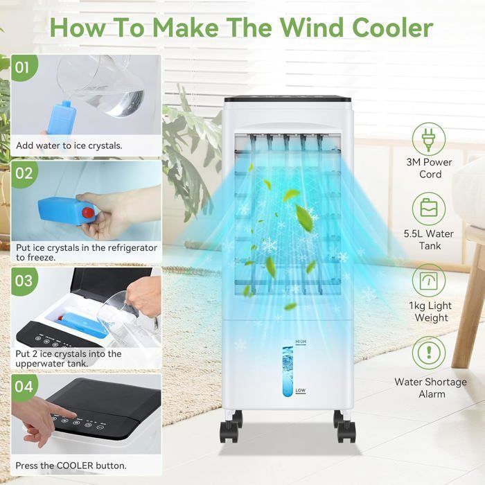 ®RisingFF Geräuscharme, tragbare Klimaanlage, energiesparende tragbare Klimaanlage, Ventilator, 3 Geschwindigkeitsstufen, Fernbedienungsversion