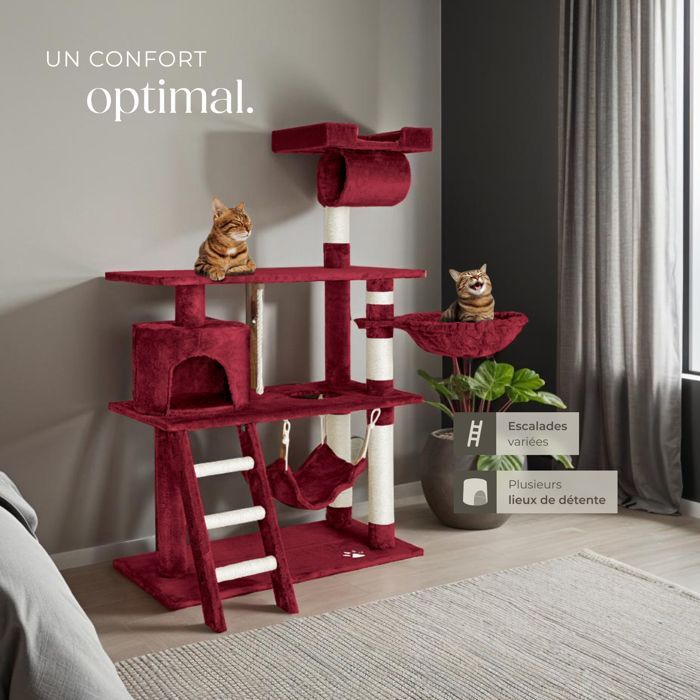 Árbol para gatos - TECTAKE - MARCEL, 141 cm de altura, con cuerda, poste rascador y zonas para dormir - Rojo