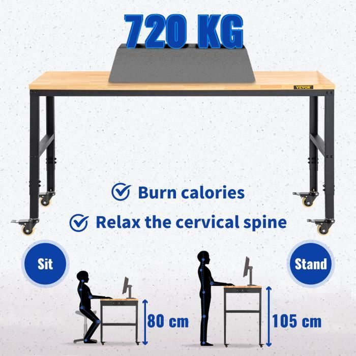 Banco de trabajo VEVOR para taller o garaje, mesa de trabajo ajustable con 4 ruedas, 155 x 51 cm.