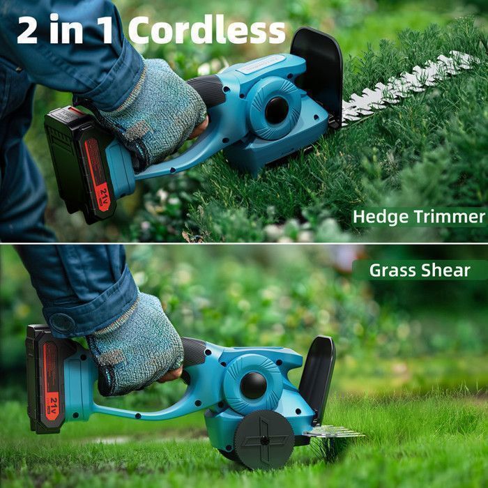 2-en-1 Taille-haie électrique sans fil-Taille-haie court- Cisaille à Gazon sur Batterie Rechargeable avec 2 Lames et Chargeur