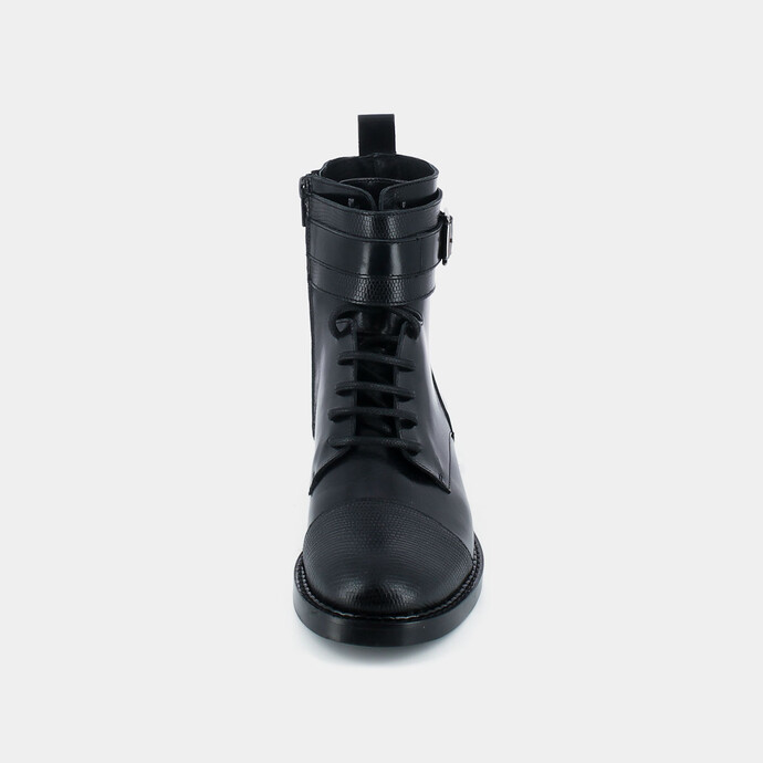 Bottines à lacets et boucles  en cuir reptile noir
