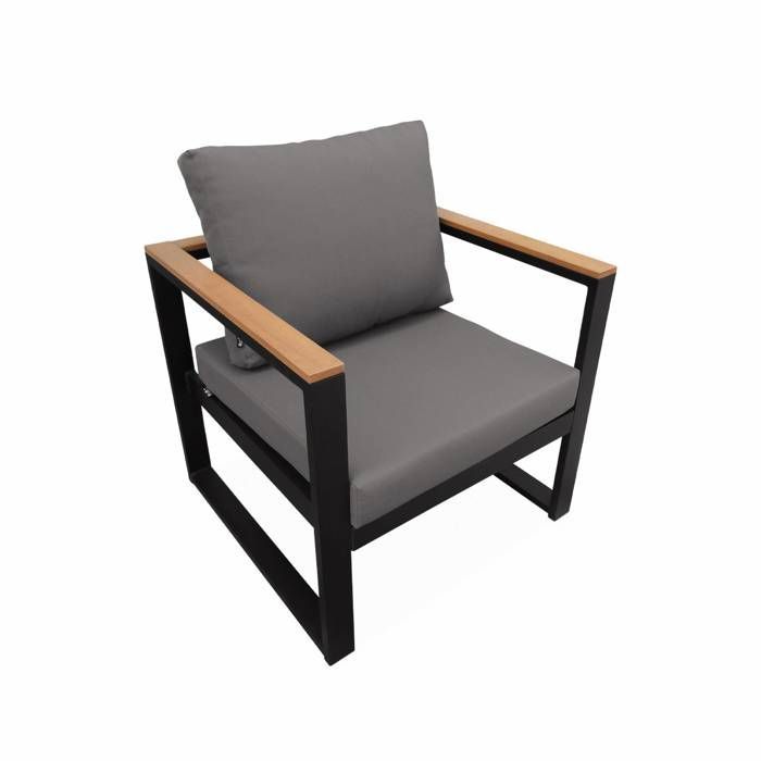 Conjunto de muebles de jardín de 5 plazas en aluminio y eucalipto – NAZCA – Estructura negra. Cojines gris oscuro.