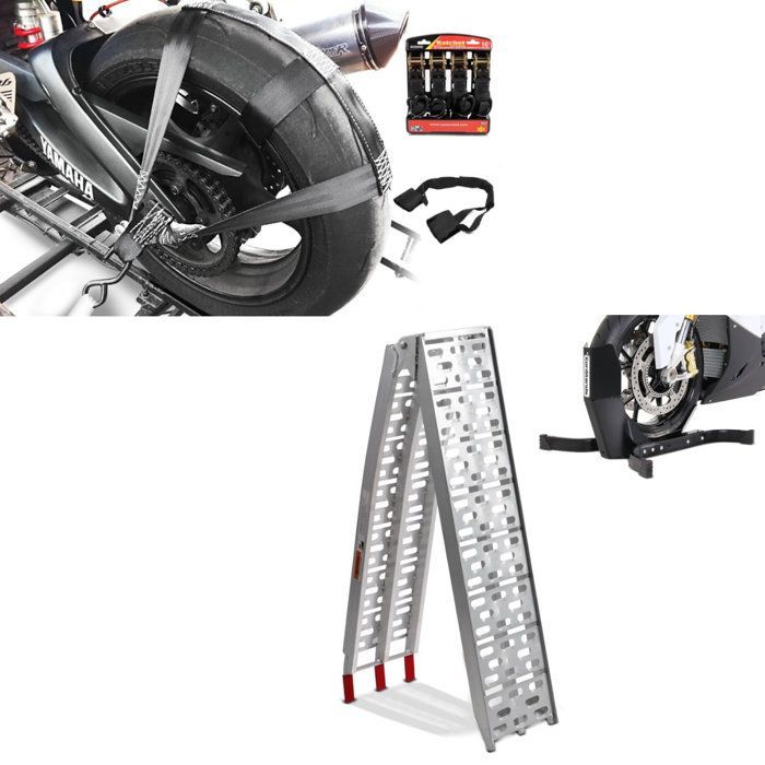 Conjunto: Rampa de carga para motocicleta CS1 + Calzo para rueda Easy Plus + Juego de correas de trinquete