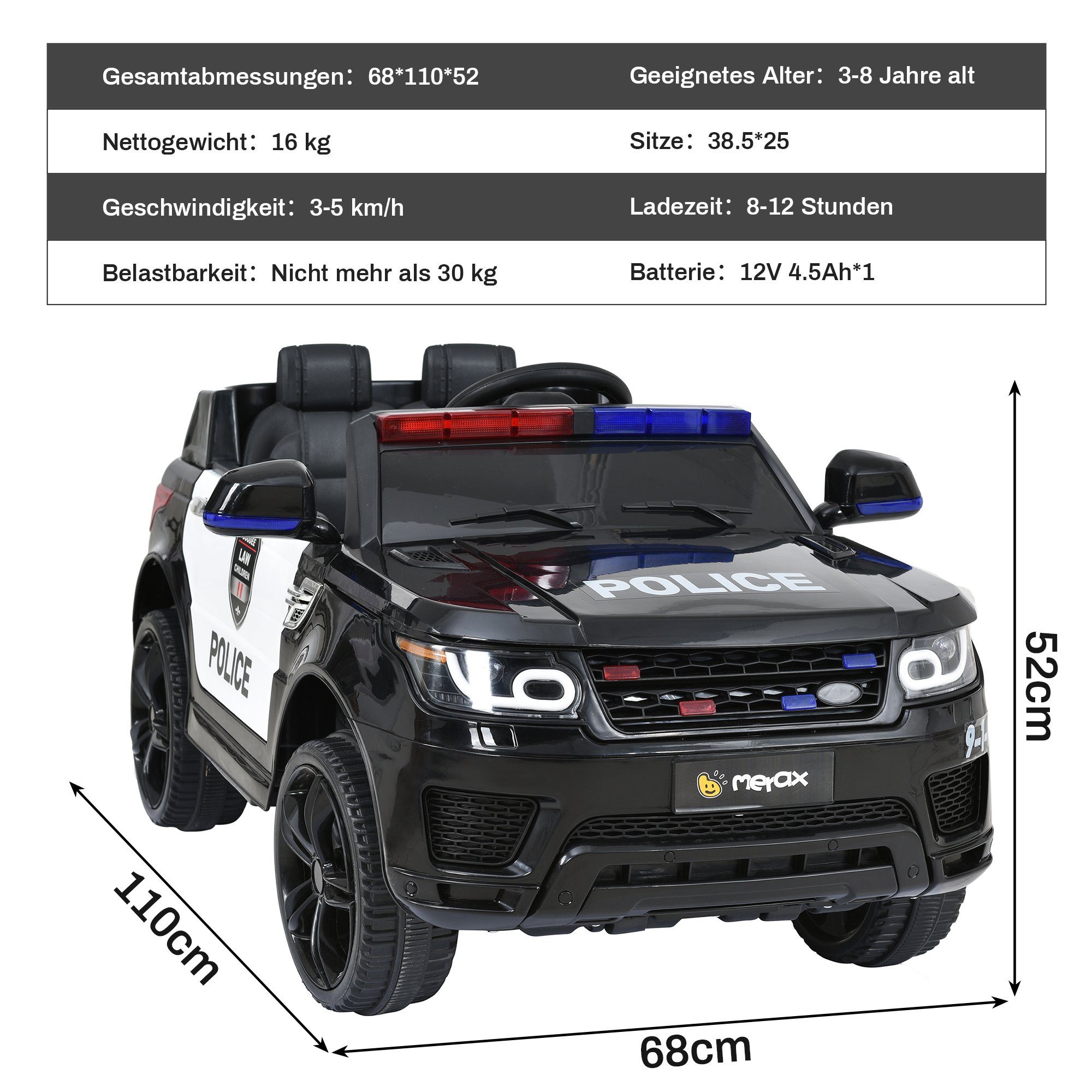 Merax elektrisk barnbil med USB, AUX och Bluetooth inklusive fjärrkontroll, lastkapacitet 30 kg, elektrisk polisbil, barnbil