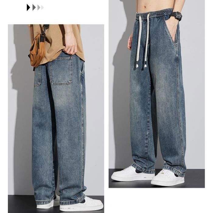 Pantaloni da uomo in denim vintage a vestibilità ampia con elastico in vita, jeans casual elasticizzati con coulisse, effetto slavato - Blu scuro
