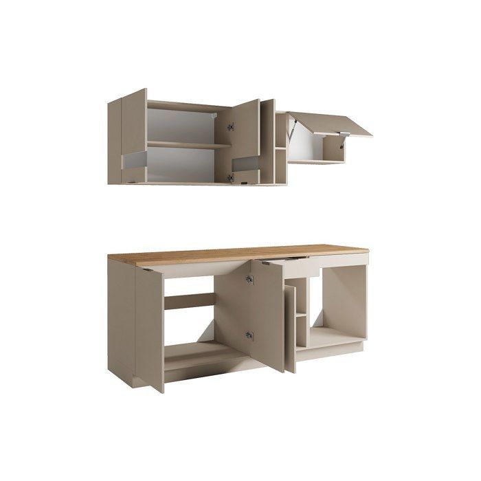Cuisine complète - Avec plan de travail 200 cm - Beige et Naturel - CARMEO