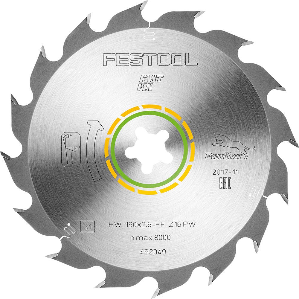 FESTOOL 190 mm 16-Zahn Hartmetall-Sägeblatt zum Schneiden von Holz - PANTHER - FAST FIX
