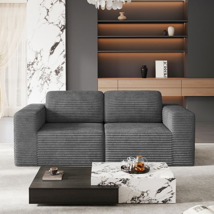 Canapé 2 places modulable en Velours Côtelé, avec 2 coussins, 202x101x82cm, Gris