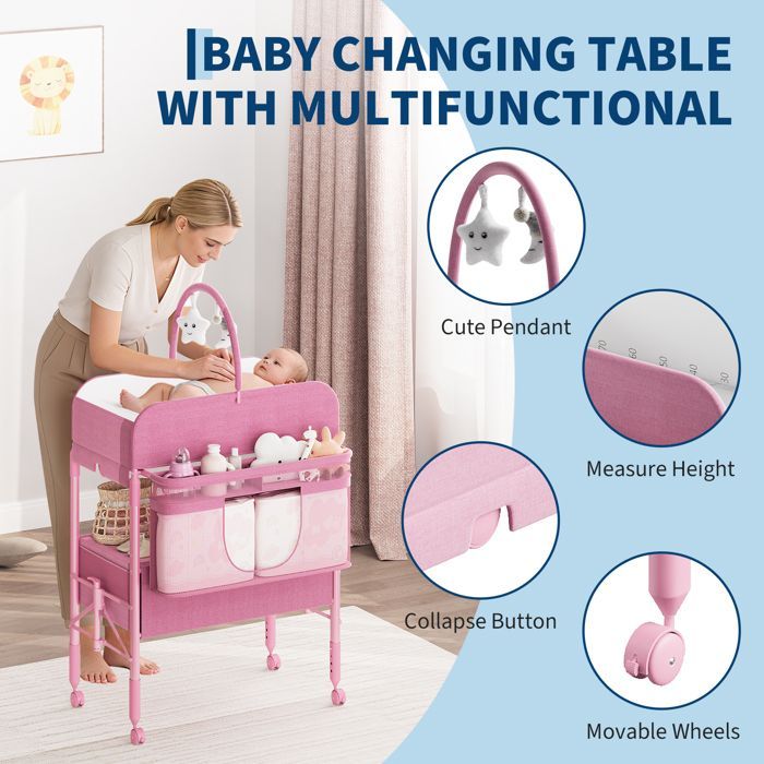 Cambiador portátil con 2 cestas de almacenamiento - Cómoda plegable regulable en altura con ruedas - para bebés - Rosa
