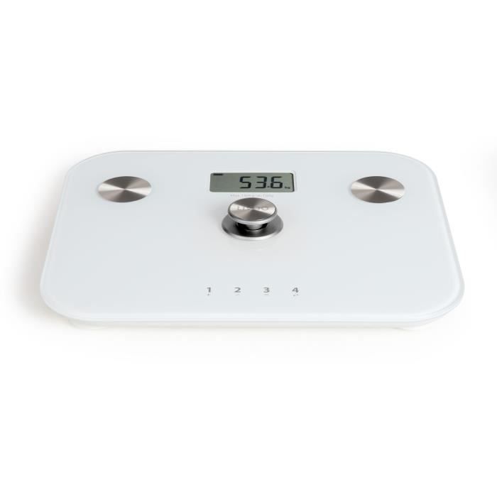 Pèse-personne impédancemètre dynamo - LIVOO - DOM465W - Sans pile - 6 indicateurs - Max 150 kg - 4 profils - LCD - Blanc