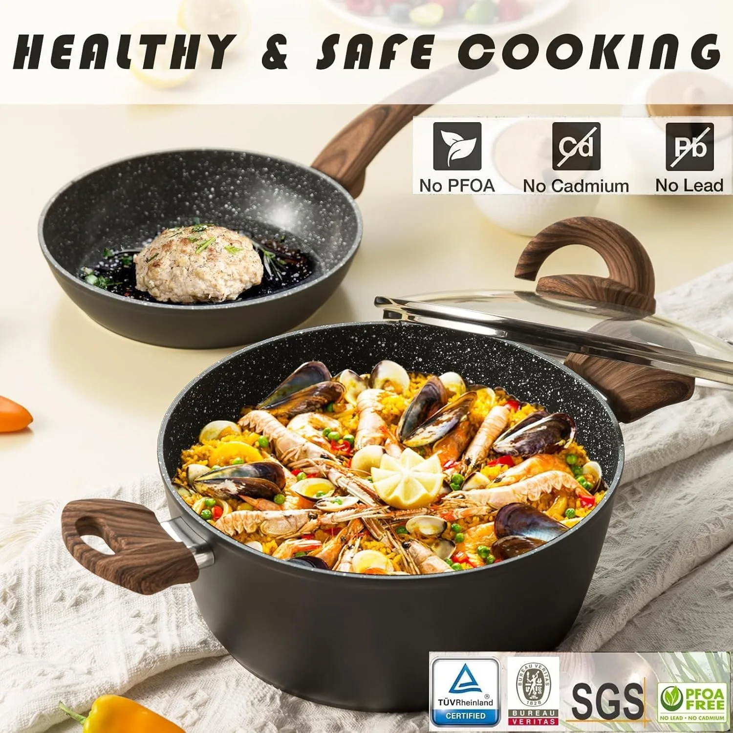 Ensemble de casseroles et poêles antiadhésives, batterie de cuisine en céramique avec motif granit, compatible induction.