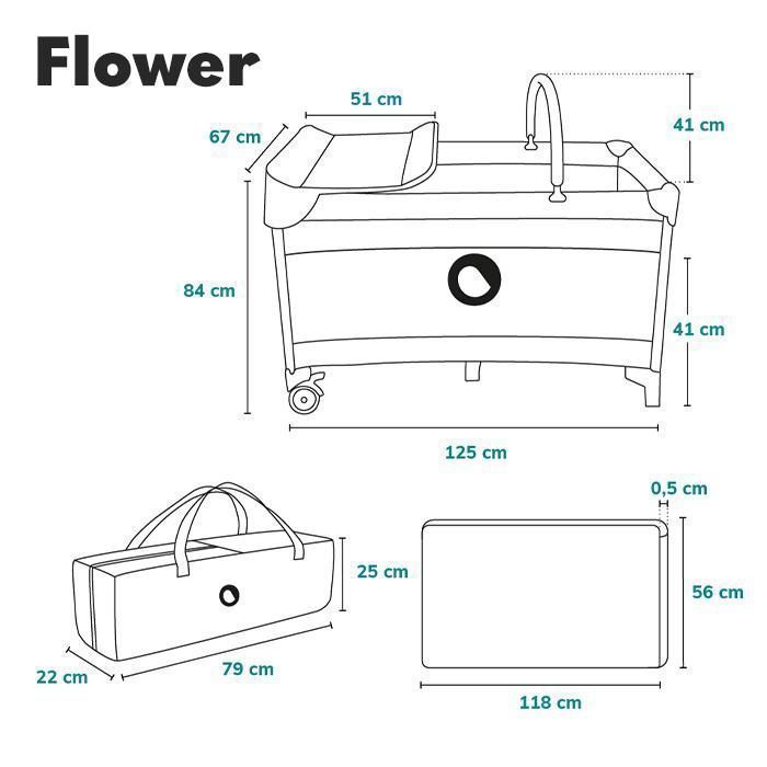 Cuna de viaje compacta 3 en 1 LIONELO Flower - Parque infantil - 0-36 meses - Bolsa de transporte - Plegado rápido - Ruedas - Gris oscuro