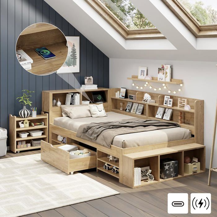 Letto per bambini 90 x 200 cm, letto contenitore con ricarica wireless e porta USB, comodini, mensole e armadietti contenitori.
