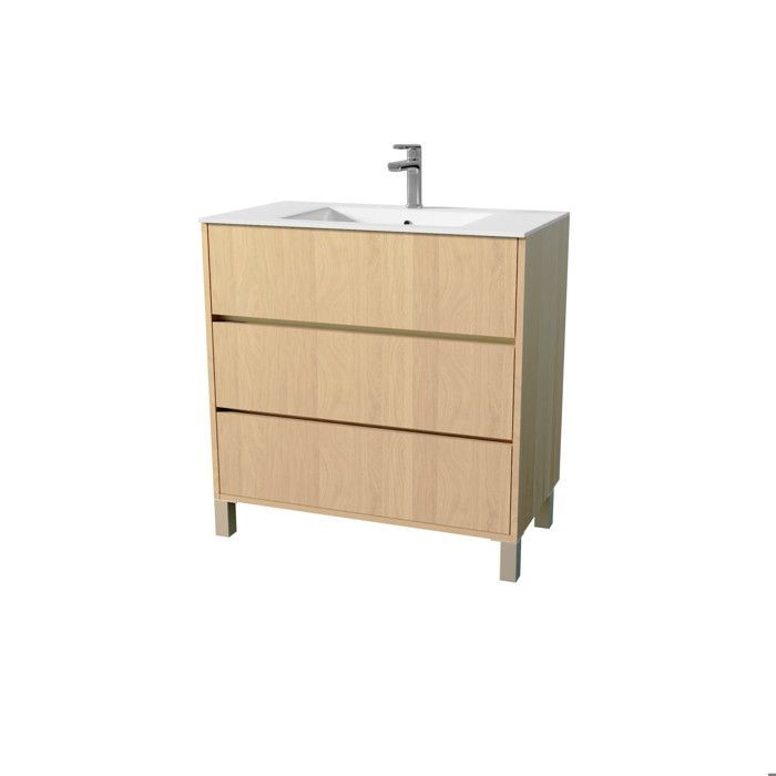 Mueble de baño XENOS de 80 cm en roble claro con 3 cajones y lavabo de cerámica.