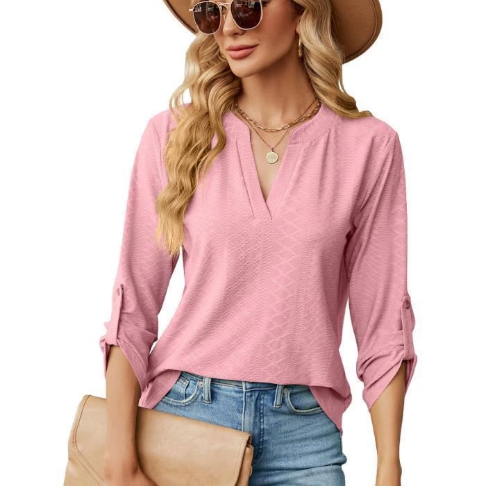 Pull Femme Col V Manches 3/4 Casual Pullover Lâche Tops Couleur Unie Pour Printemps Et Automne - Taille EU - Rose