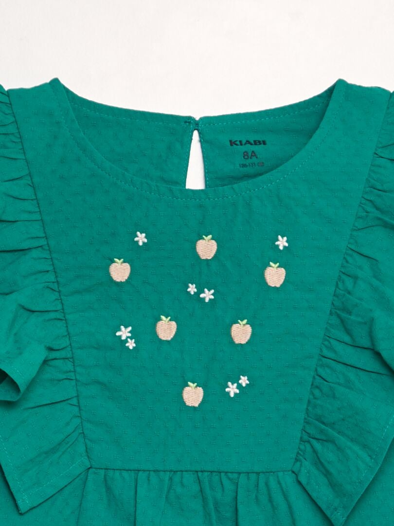 Blouse met ruches en 'fruit'-borduurwerk - GROEN